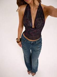 SHEIN BAE Women's Leopard Print Ruffle Neck Sleeveless Blouse - Burgundy - View 6