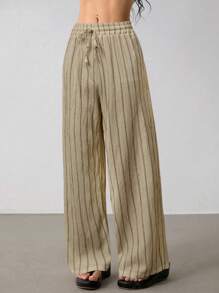 SHEIN PETITE Women's Striped Drawstring Waist Wide Leg Loose Casual Pants, For Daily Wear, Suitable For Spring, Summer And Autumn, French Holiday - Khaki - View 4
