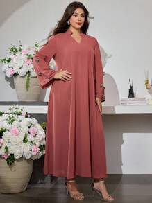 Al Najma 大码女式V领长袖宽松休闲3D花卉阿拉伯印花连衣裙 - 紅木色 - 查看 5