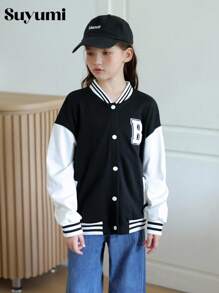 青少年女孩休闲字母拼布棒球夹克，适合上学和通勤，返校季 - 彩色 - 查看 5