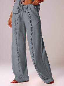 MUSERA 抽绳腰带亚麻质感荷叶边阔腿休闲裤，适合伊比沙岛、性感度假、夏季节日、海滩度假、浪漫优雅的生日、婚礼、机场、秋季、冬季、休闲、工作、返校等场合。