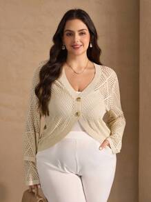 SHEIN Clasi Plus Size Women Knitted Cardigan, Short Style, Long Sleeve, Diamond Pattern, Versatile, Beige Color, Autumn Plus Size Summer Cardigan Plus Size Knitted Cardigan - Khaki - View 3