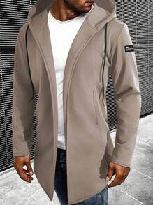 Manfinity Homme 男士休闲经典纯色连帽卫衣外套，适合春秋季节穿着，四季皆宜。舒适百搭，适合全天穿着。卡其色修身纯色外套，轻便透气，可叠穿。舒适时尚，是度假、日常休闲和通勤的理想之选。送给男友或丈夫的理想礼物。长款连帽衫，连帽开衫，男士长款外套，男士长款大衣，长款夹克