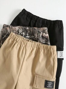 SHEIN 3 件套男婴休闲工装裤，卡其色、黑色和迷彩，舒适百搭，适合室内、户外、日常、运动、玩耍、派对、拍照、度假、所有季节