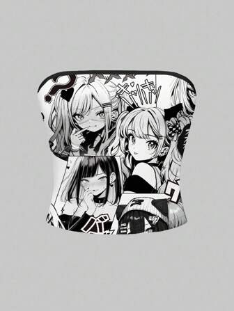 Anime Plus Size Women Sexy Strapless Cartoon Manga Girl Graphic Bandeau Top
