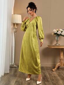 INAWLY Damen elegantes Jacquard-Kleid mit Knopfdesign - Grün - Übersicht 4