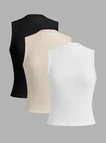 SHEIN LUNE Bộ 3 áo hai dây cổ tròn dệt kim không đường may dành cho nữ, màu đen, trắng, màu mơ, thích hợp cho mùa tựu trường hoặc mặc thường ngày. - Nhiều màu - Xem 3