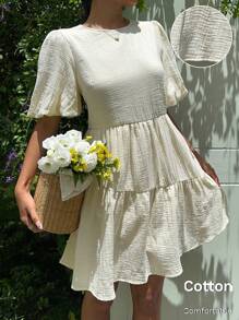 SHEIN EZwear Fall Clothes  Casual Bubble Skirt Solid Color Lantern Sleeve Dress - White - View 3