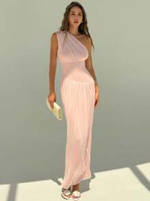 Aloruh Women Summer Elegant Solid Color Ruched Sleeveless Dress - Pink - View 7