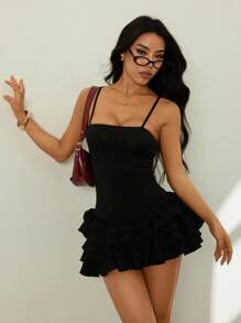 SHEIN PETITE Spaghetti Strap Plain Black Woven Mini Dress With Layered Hem Black Ruffle Dress - Black - View 6