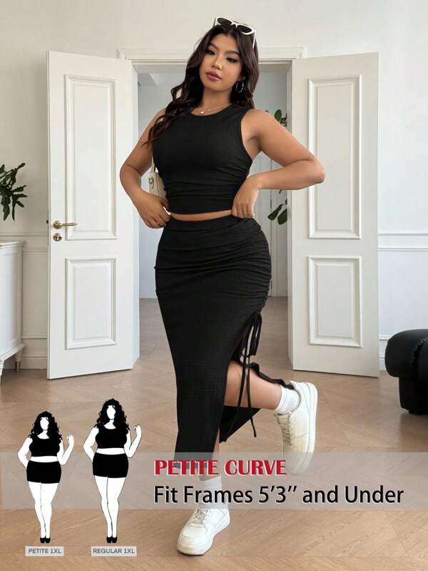 SHEIN PETITE CURVE Set casual da 2 pezzi, top canottiera tinta unita e gonna con spacchi laterali, taglie comode