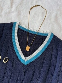 SHEIN 少女 V 领麻花针织长袖套头衫，撞色，学院风，休闲，基本款 - 寶藍色 - 查看 8