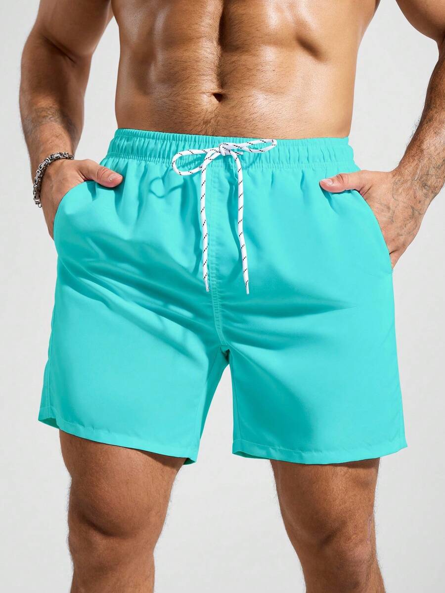 Manfinity KASUA Men's Solid Color Pocket Drawstring Waist Beach Shorts, Suitable For Summer Teal Swim Trunks Men Swim Trunks Drawstring, Holiday - Mint Blue - View 1