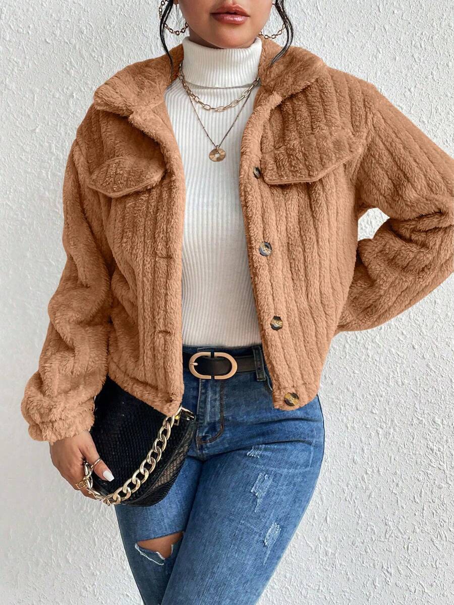 EMERY ROSE 女式休闲街头时尚纯色宽松落肩翻盖细节羊毛夹克，秋冬 - 卡其色 - 查看 1