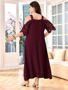 Lacomfia Vestido Solto Elegante Tamanho Plus com Decote em V, Manga Curta, Recortes a Laser e Renda - Vinho - Visão 2
