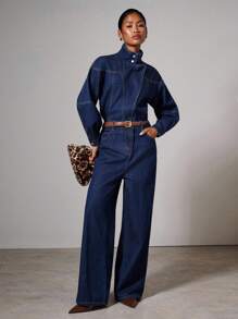 COSMINA 女士休闲日常外出立领牛仔连体裤 - 深色水洗藍 - 查看 7