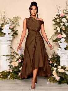SOLERSUN Women's Spring And Summer Fashion Elegant Date Party Purple Stretch Knit Comfort Gathered Details Draped Dress Asymmetric Neckline Asymmetric Hem Slit Long Dress - Brown - View 6
