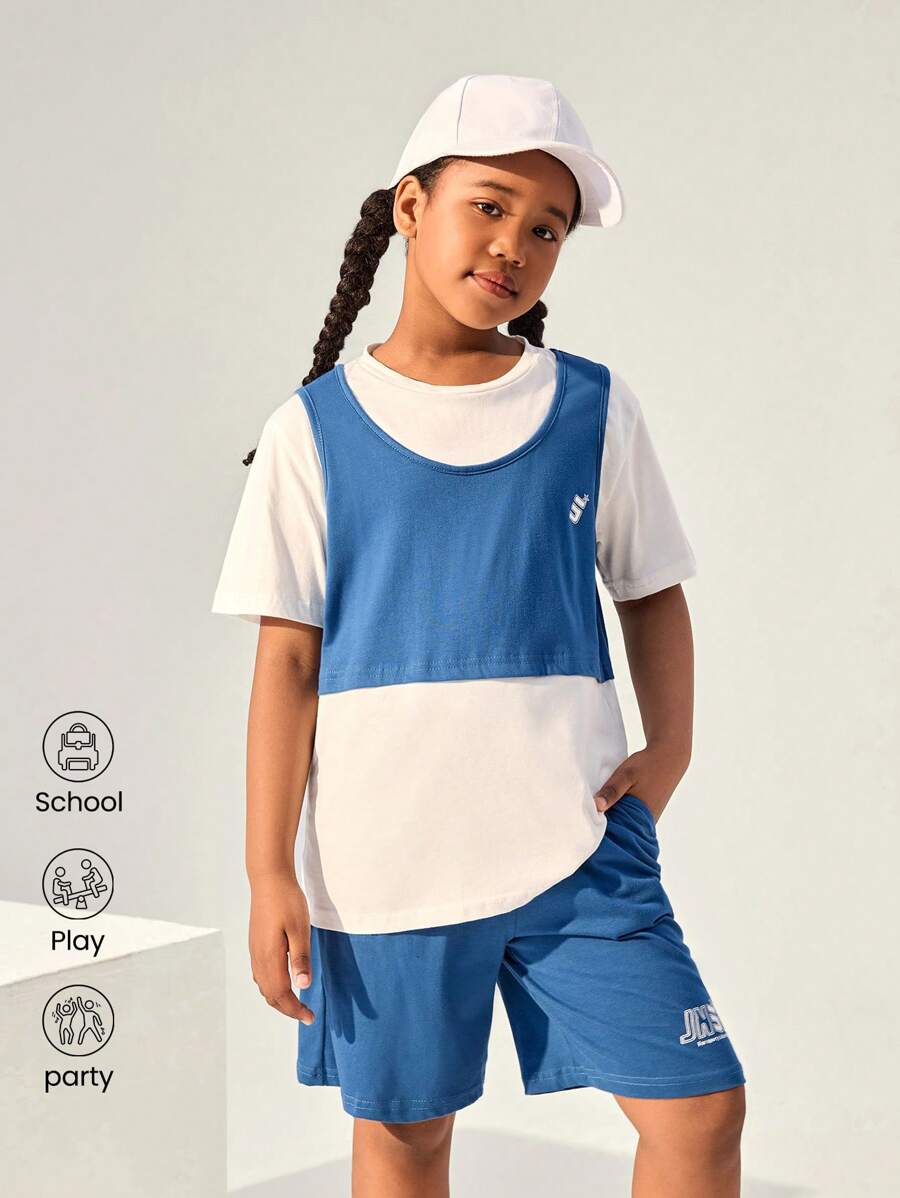 JNSQ 返校女孩户外宽松T恤和短裤两件套运动套装 - 彩色 - 查看 1