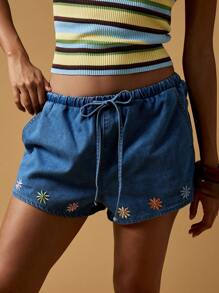 MISSGUIDED Quần short denim thêu hoa có dây rút, cạp chun, phong cách lễ hội, bãi biển, mùa hè, cạp vừa, boho, hippie, bohemian, vừa vặn, thoải mái, ngày lễ, mặc ở nhà ban ngày - Màu xanh lam - Xem 1