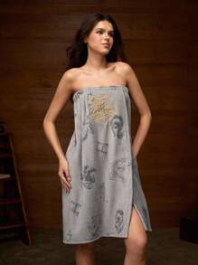 HARRY POTTER X SHEIN 1pc Graphic Print Embroidery Detail Bath Towl, Absorbent & Soft, Can Be Fixed On The Chest, Won't Slip Off - Grey - View 7