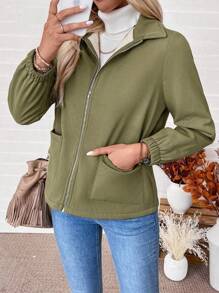 SHEIN Casual Solid Color Zipper Fleece Jacket, Autumn/Winter Fall Cloth For Women - Army Green - View 3