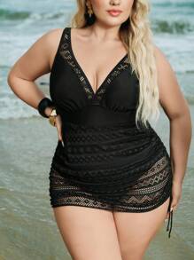 Swim Lushoire 大码纯色V领褶饰腰部时尚休闲泳裙