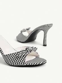 CUCCOO CHICEST Giày cao gót hở mũi thanh lịch màu đen và trắng trang trí nơ cho phụ nữ mùa hè, dễ thương và quyến rũ - Đen và trắng - Xem 5