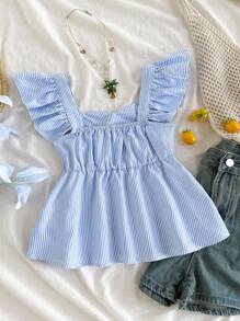 SHEIN 青少年女孩休闲简约舒适方领荷叶边条纹衬衫 - 藍色 - 查看 2