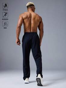 Manfinity Sport Polished Men's Contrast Color Trim Outdoor Sport Pants Sweat-Wicking Lightweight Comfortable Running Muscle Minimalist Design Slim Fit For Workout Joggers Gymwear - Navy Blue - View 2