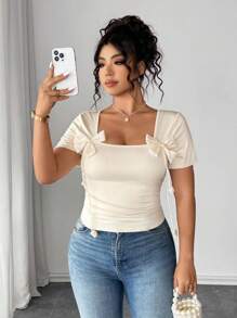 Elenzga Plus Size Women's Solid Color Short Sleeve Tank Top, Summer Fashion - Beige - View 3