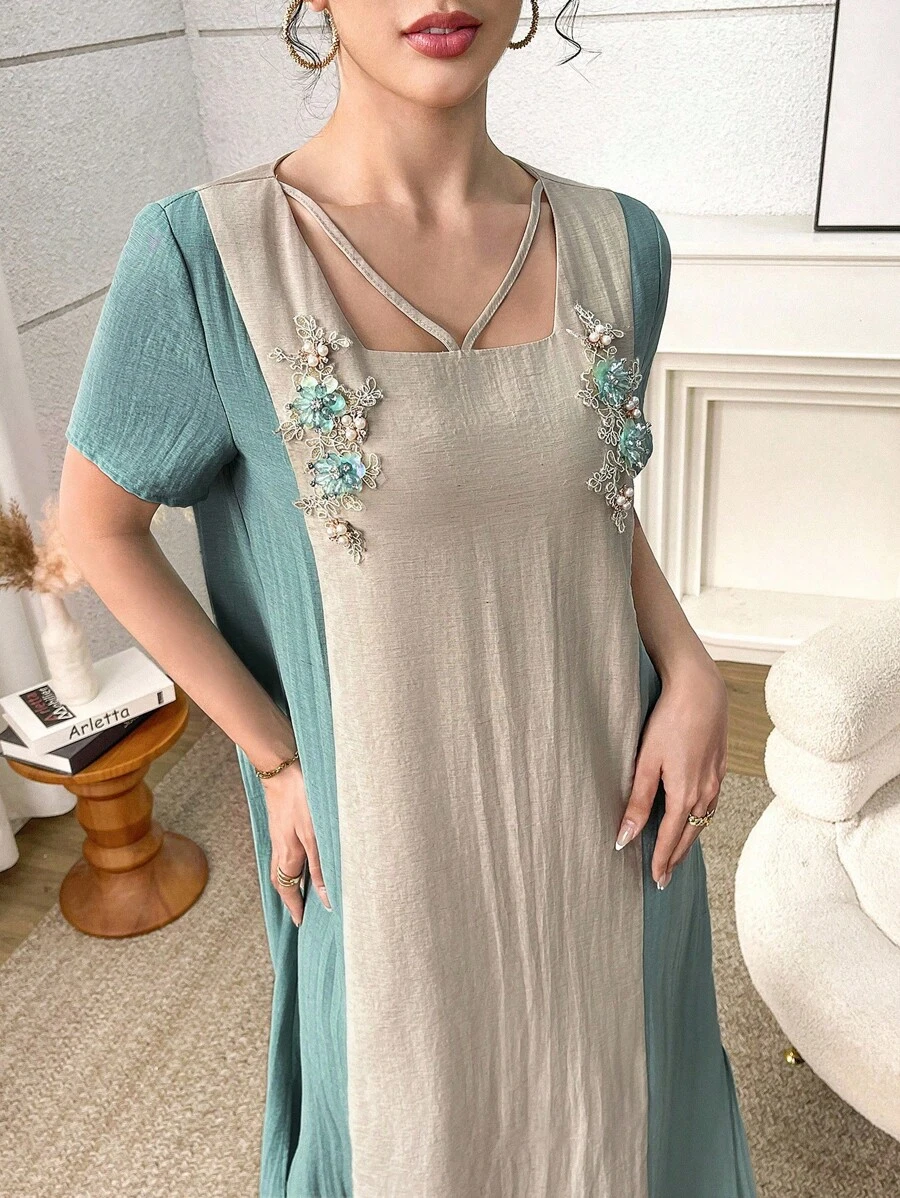 Yasmyna 女式宽松阿拉伯风格拼色短袖贴花连衣裙 - 杏色 - 查看 1