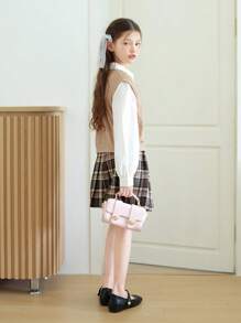 2pcs/Set Teenage Girls Back To School Outfit, Collegiate Inspired 2 In 1 Top Paired With Fashionable Plaid Pleated Skirt, Collared And V-Neck Blouse With Decorative Embroidery Patches, Suitable For School, Daily Wear, Formal Occasions Fall Winter