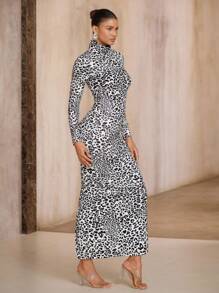Avenne Vestido largo ajustado de cuello alto con estampado animal de manga larga, para mujer, para otoño/invierno
