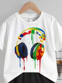 SHEIN Young Boy Casual Cartoon Headphone Print Short Sleeve T-Shirt And Shorts Set, Suitable For Summer