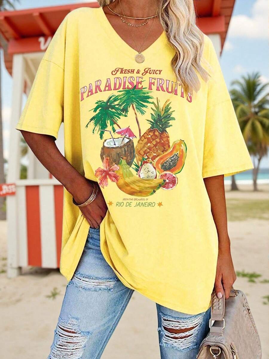 SHEIN LUNE 女士水果椰子印花V领T恤，夏季海滩度假女士大码T恤 - 杏色 - 查看 1