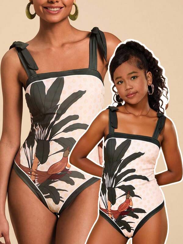 SHEIN Costum de baie dintr-o singură piesă, asortat, cu imprimeu floral ditsy și bretele spaghete, pentru fete preadolescente și mame, ținute de vacanță pentru mami și mine, potrivite pentru plajă, stațiune, călătorii (2 seturi vândute separat)