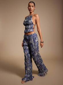 Hauture Pantalones anchos con estampado bohemio y elástico fruncido - Azul y blanco - Ver 5