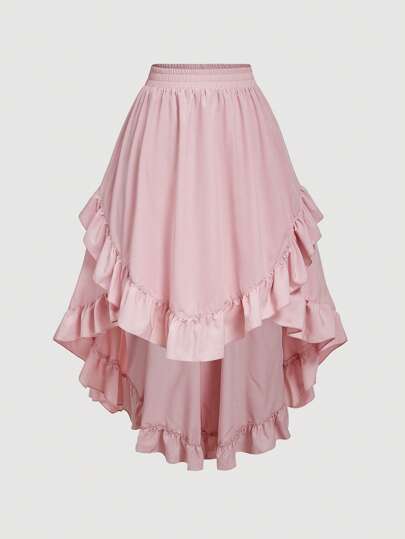 SHEIN MOD Plus Size Women's Pink Ruffle Hem Skirt, Vintage Layered Pink Skirt,Valentine Outfits