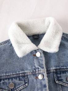 SHEIN Pre-Teen Boys' Vintage Blue Washed Relaxed Fit All-Match Denim Jacket With Faux Fur Collar & Lining, Simple & Fashionable Versatile Casual Outerwear Suitable For Autumn & Winter Fall - Medium Wash - View 4