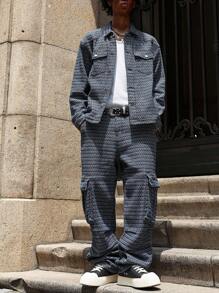 PAVTROS Manfinity Streetrush 男士休闲日常全印花前扣牛仔夹克和牛仔裤套装，Emo 风格，秋季服装 - 深色水洗藍 - 查看 4