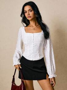 Poéselle Áo nữ dệt kim jacquard, cài móc vai, tay dài, màu trắng, kiểu dáng dễ thương, phù hợp đi làm, màu trơn, khoét eo, ôm sát, cổ vuông, màu trắng, phong cách Fairycore, mùa thu đông, công sở. - trắng - Xem 4