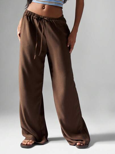 MISSGUIDED Hammered Satin Wide Leg Palazzo Pants Loose High Waist Casual Lounge Drawstring Bottoms Resort Wear Comfort Flow Vacation Summer Beach