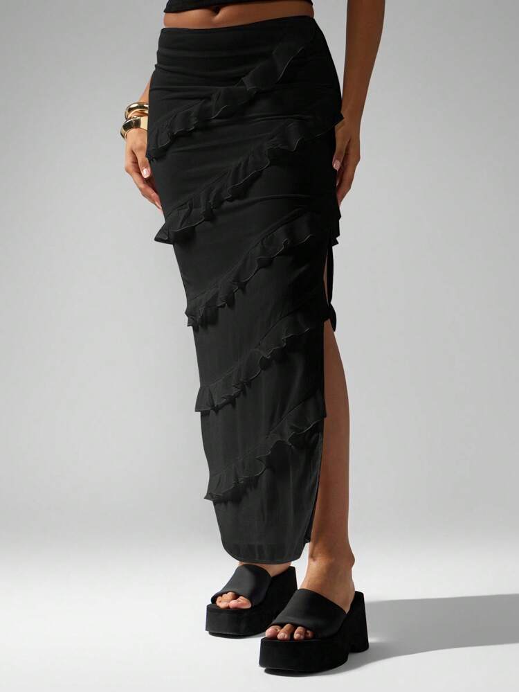 MISSGUIDED Ruffle Tiered Long Maxi Skirt Side Slit Evening Party Wedding Guest Fall Winter Occasion Wear Elastic Waist Lined Floor Length Graceful Skirt