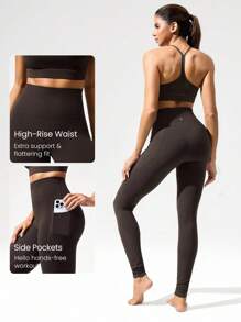 GLOWMODE 31" FeatherFit™ Sky High Ultra High-Waist Side Pockets Leggings Low-Impact Yoga Pilates Studio Daily Casual Wear - Chocolate Brown - View 3