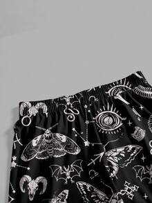 ROMWE Goth 哥特神秘黑暗学院骷髅、渡鸦、十字架、星星、飞蛾、蛇、星座、眼睛、月亮图案宽松阔腿黑色大码女裤 - 黑色 - 查看 4