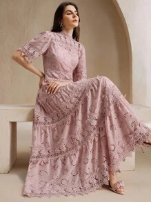 Anewsta Women's Hollow Collar Puff Sleeve Lace Patchwork Cinched Waist Long Dress, Elegant Vacation Style