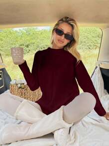 EURMUSE Women Solid Color Mock Neck Raglan Sleeves Sweater - Burgundy - View 2