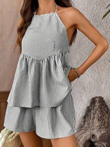 INAWLY Bộ 2 món áo hai dây hở lưng dệt sọc spaghetti nhiều lớp hở lưng có dây rút và quần short cạp chun thoải mái cho nữ, kích thước tiêu chuẩn mùa hè - màu đen - Xem 3