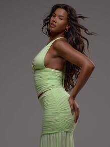 MUSERA Áo kiểu yếm cổ chữ V xẻ sâu, xếp ly, ôm sát, không tay, gợi cảm, lãng mạn, thanh lịch, chỉ dành cho kỳ nghỉ ở Ibiza, lễ hội, sinh nhật, đám cưới, đi chơi đêm, dự tiệc, mùa thu, mùa xuân, hè. - màu xanh lá - Xem 4