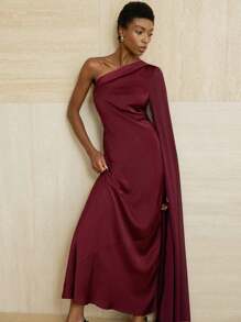 Aveloria Modichic 1pc Elegant Satin Dress With Thigh-High Slit, Long Sleeve Evening Gown Fall Cloth For Women - Red Violet - View 4